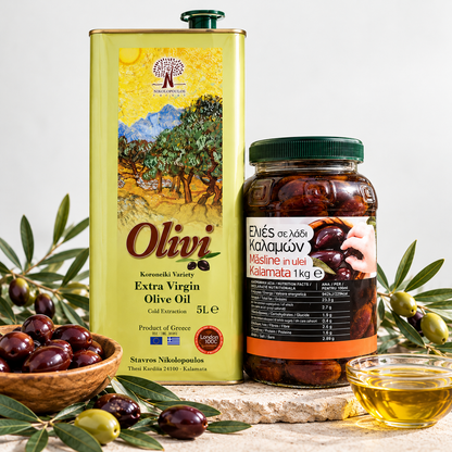 Pachet Grecesc – Ulei de Măsline Extravirgin Olivi 5L + Măsline Kalamata în Ulei 1KG